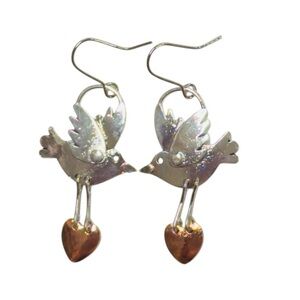 UNBRANDED Whimsical SILVER Bird Earrings with COPPER Heart ACCENTS